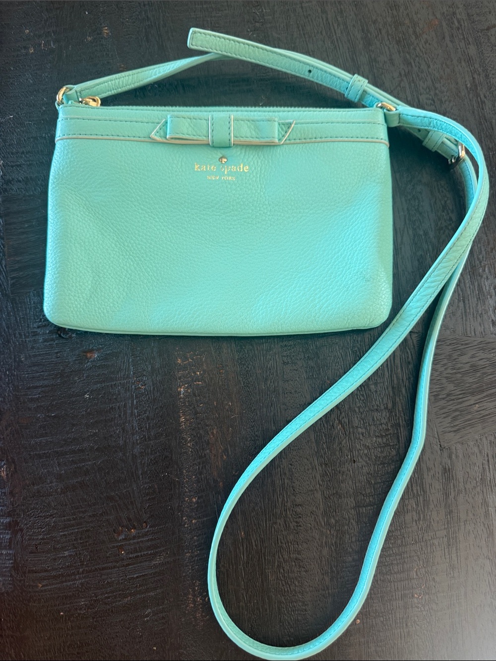 kate spade light teal leather crossbody with bow detail